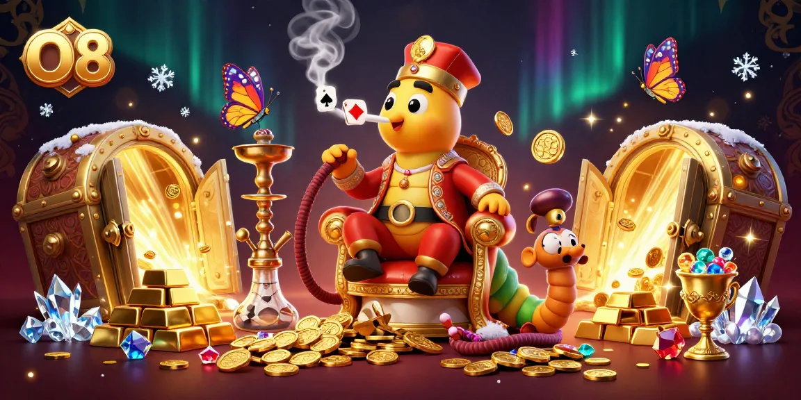 O8's vibrant casino scene featuring a stylish caterpillar blowing poker smoke rings.