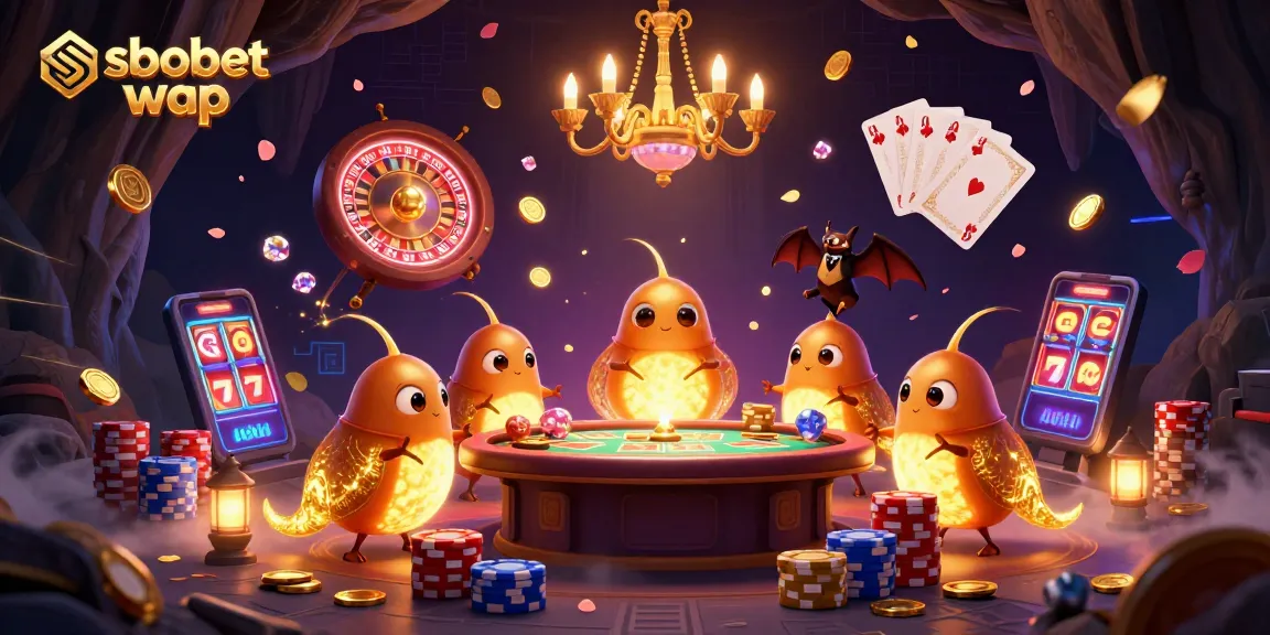 Engage with sbobet wap through a vibrant 3D illustration of glowworms lighting a cave casino filled with treasures.