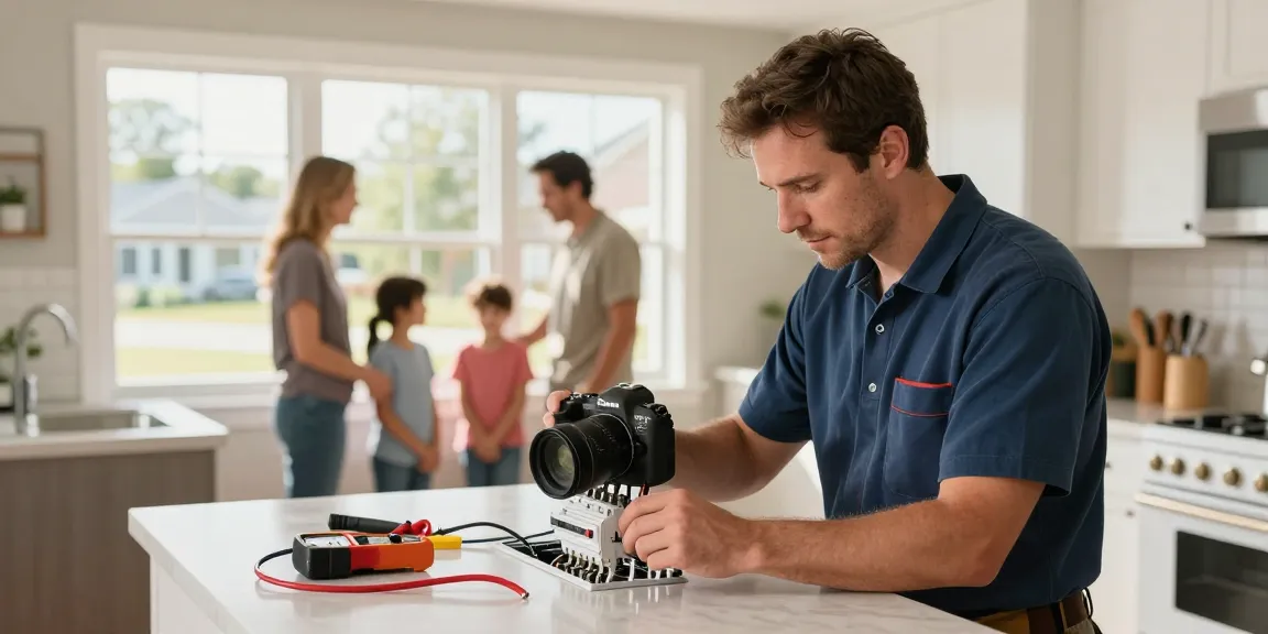 Electrician Stevens Point WI performing electrical repairs in a modern kitchen, ensuring safety and reliability.