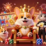 Play exciting slots at UFABET featuring a royal corgi throne and vibrant casino elements.