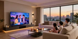 Family enjoying a movie night on a stunning OLED TV 2026 in a cozy living room setting.