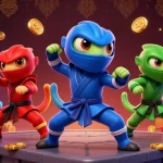 Experience the excitement of slot terbaru with ninja chameleons amidst vibrant casino elements and glowing slot machines.