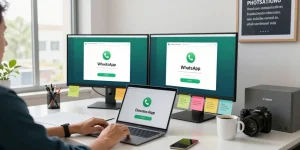 Downloading WhatsApp下載 on a laptop in a vibrant tech workspace, showcasing modern digital connection.
